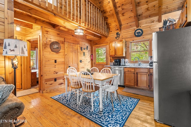 524 Hoot Owl Way, Gatlinburg, TN 37738 - dining area featuring light wood-type flooring, wood ceiling, and wooden walls