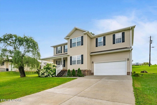 168 Thelma Cir, Jacksboro, TN 37757 - traditional home with an attached garage, concrete driveway, covered porch, and a front lawn