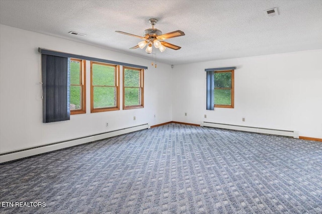 261 Lance Ln, Lafollette, TN 37766 - empty room featuring a baseboard heating unit, carpet, a baseboard radiator, a textured ceiling, and a ceiling fan