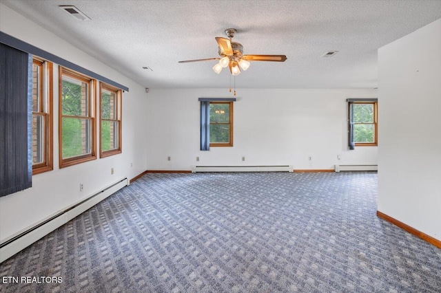 261 Lance Ln, Lafollette, TN 37766 - carpeted empty room featuring a baseboard radiator, baseboard heating, a baseboard heating unit, a textured ceiling, and ceiling fan
