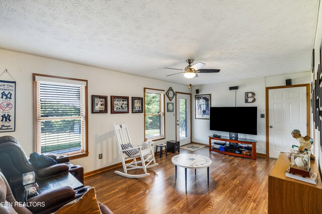 3938 Settlers Trl, Kodak, TN 37764 - living room featuring ceiling fan, wood finished floors, and a textured ceiling