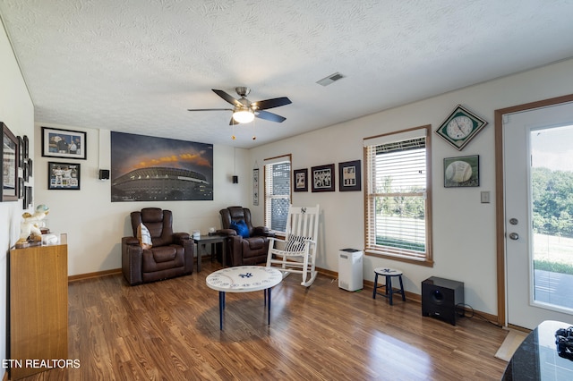 3938 Settlers Trl, Kodak, TN 37764 - living room featuring wood finished floors, a ceiling fan, healthy amount of natural light, and a textured ceiling