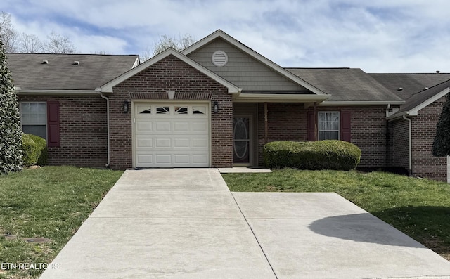 1884 Elmhurst Way, Knoxville, TN 37923 - ranch-style house with driveway, an attached garage, brick siding, a front lawn, and roof with shingles