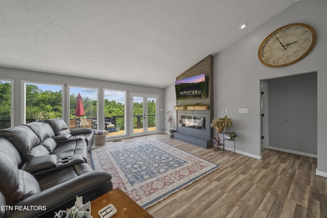1033 Sunset View Rd, Sevierville, TN 37876 - living area with a textured ceiling, wood finished floors, a fireplace, and high vaulted ceiling