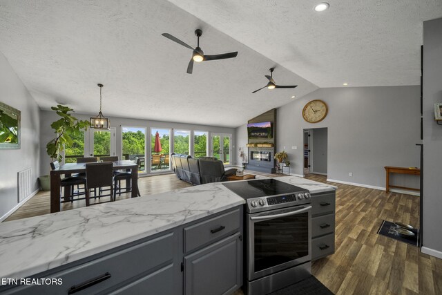 1033 Sunset View Rd, Sevierville, TN 37876 - kitchen featuring stainless steel range with electric cooktop, a textured ceiling, gray cabinets, lofted ceiling, and a ceiling fan