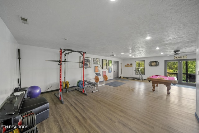 1033 Sunset View Rd, Sevierville, TN 37876 - exercise area with wood finished floors, pool table, ceiling fan, a textured ceiling, and recessed lighting