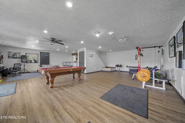 1033 Sunset View Rd, Sevierville, TN 37876 - playroom with pool table, a textured ceiling, wood finished floors, recessed lighting, and a ceiling fan