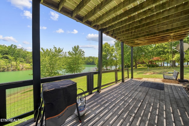 1033 Sunset View Rd, Sevierville, TN 37876 - wooden terrace with a water view, a yard, and view of wooded area