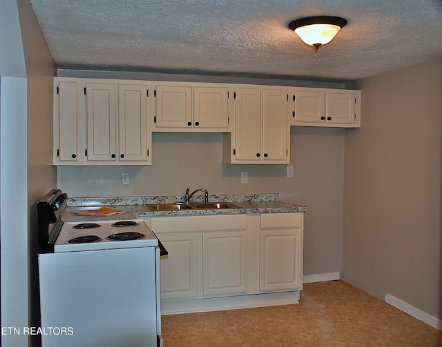 278 Buell Hill Rd, Pineville, KY 40977 - kitchen featuring white electric stove, white cabinets, light carpet, and a textured ceiling
