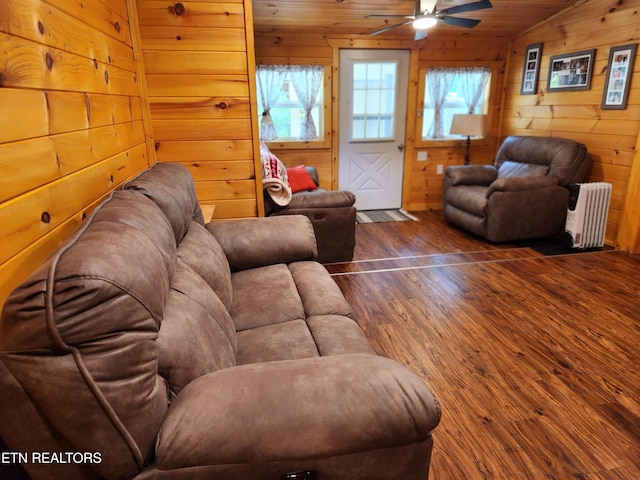 151 Stonewall Way, Cosby, TN 37722 - living room featuring ceiling fan, wooden walls, wood finished floors, wood ceiling, and lofted ceiling