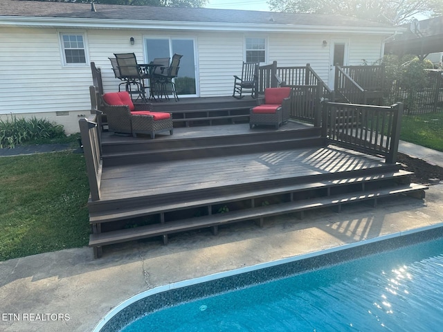 8024 Sharp Rd, Powell, TN 37849 - back of house with crawl space, a wooden deck, an outdoor pool, and roof with shingles