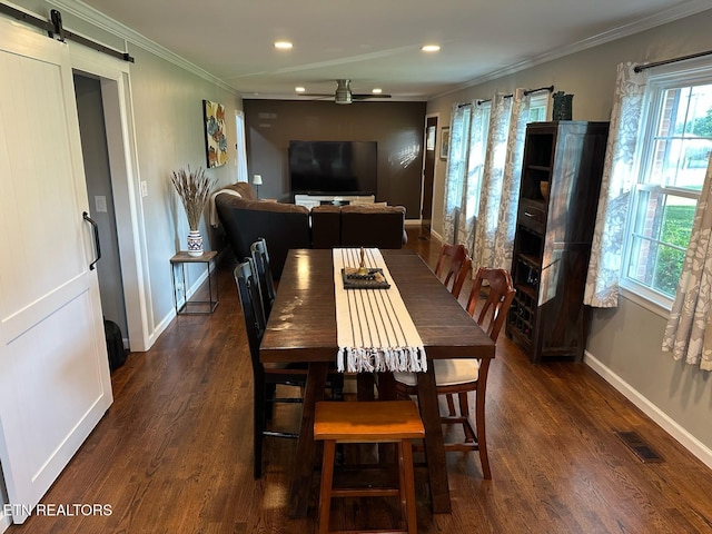8024 Sharp Rd, Powell, TN 37849 - dining space featuring healthy amount of natural light, dark wood-style flooring, crown molding, a barn door, and recessed lighting