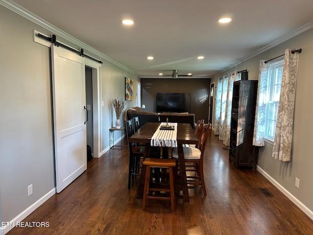 8024 Sharp Rd, Powell, TN 37849 - dining area featuring a barn door, recessed lighting, a ceiling fan, ornamental molding, and dark wood finished floors