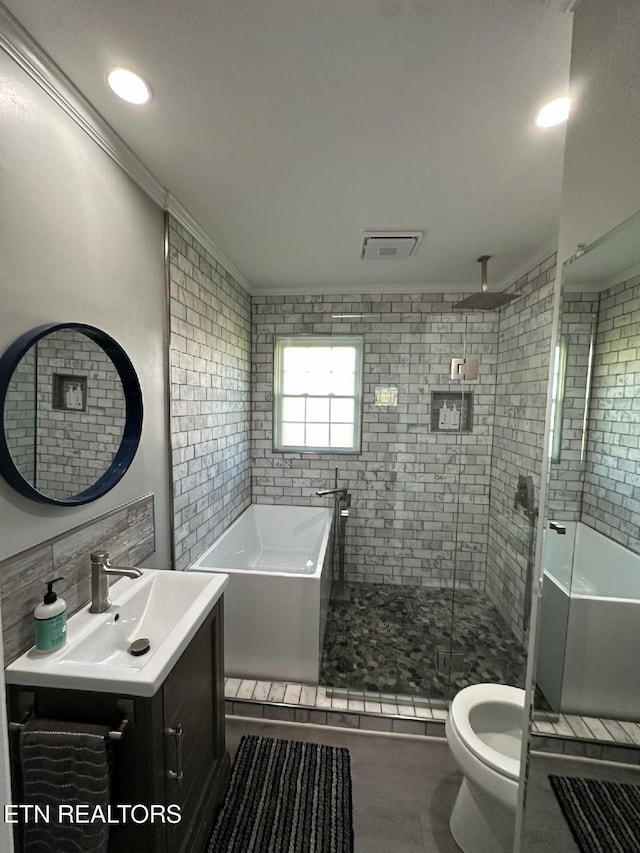 8024 Sharp Rd, Powell, TN 37849 - bathroom featuring vanity, a bath, a shower stall, and ornamental molding