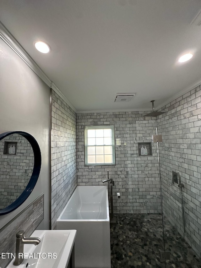 8024 Sharp Rd, Powell, TN 37849 - bathroom featuring ornamental molding, a stall shower, and a bath