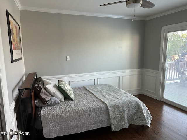 8024 Sharp Rd, Powell, TN 37849 - bedroom featuring access to exterior, wood finished floors, wainscoting, crown molding, and ceiling fan