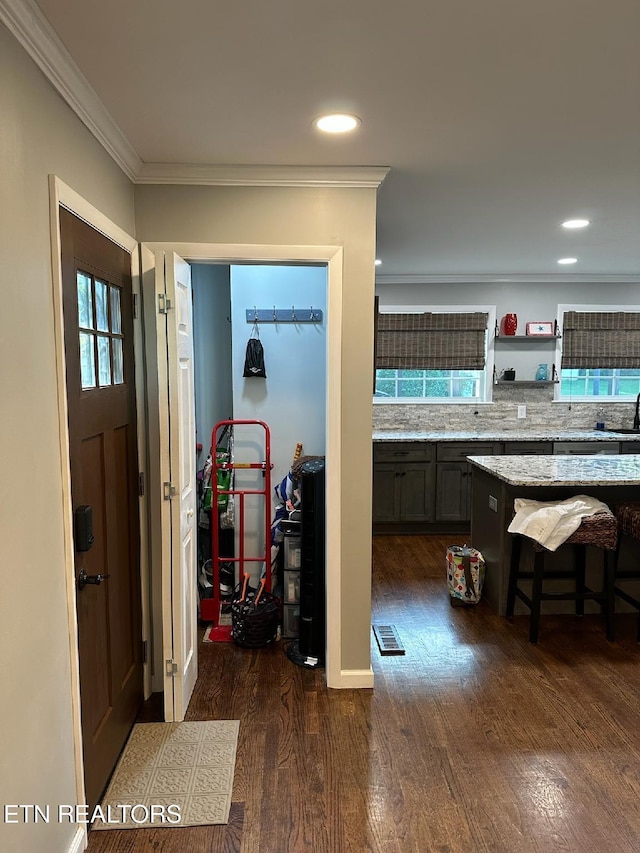 8024 Sharp Rd, Powell, TN 37849 - kitchen featuring dark wood-style floors, ornamental molding, recessed lighting, light stone countertops, and open shelves