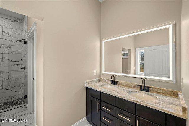 455 Sunset Harbor Dr, Dandridge, TN 37725 - bathroom featuring marble look tile flooring, double vanity, and a marble finish shower