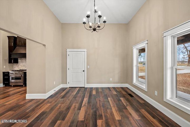 455 Sunset Harbor Dr, Dandridge, TN 37725 - unfurnished dining area featuring a high ceiling, a chandelier, and dark wood-style flooring