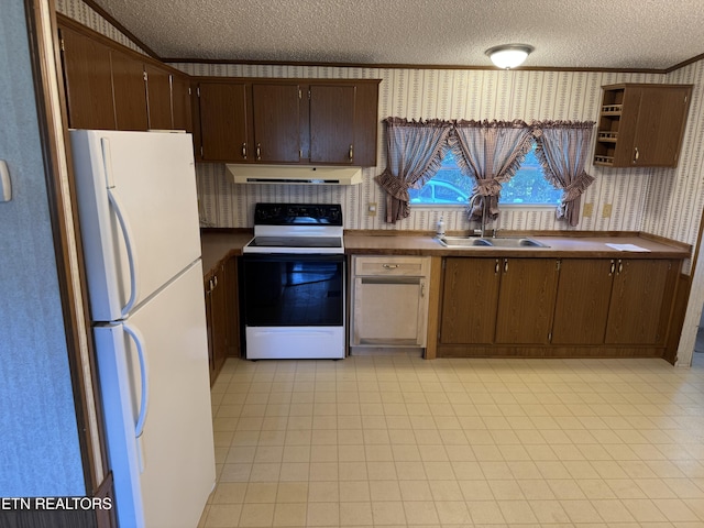 Ousley Crst, Cumberland Gap, TN 37724 - kitchen with freestanding refrigerator, electric stove, a textured ceiling, extractor fan, and wallpapered walls
