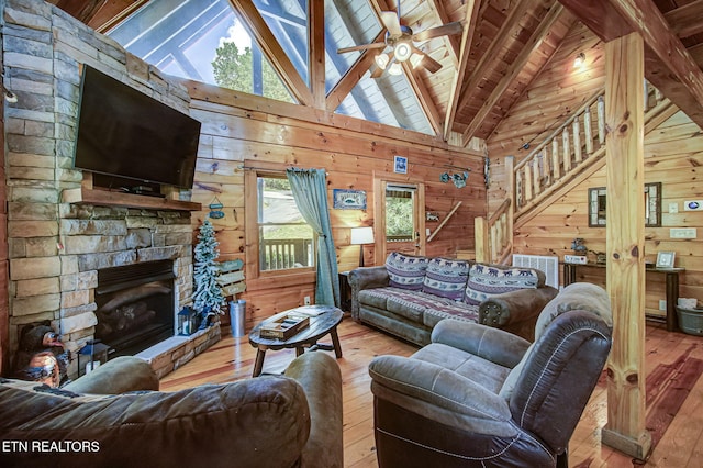 3012 Oak Tree Way, Pigeon Forge, TN 37863 - living room with hardwood / wood-style floors, wood walls, a ceiling fan, a fireplace, and wooden ceiling