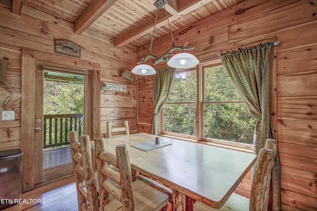 3012 Oak Tree Way, Pigeon Forge, TN 37863 - dining room with a wooden ceiling with exposed beams, wood walls, and light wood-style floors