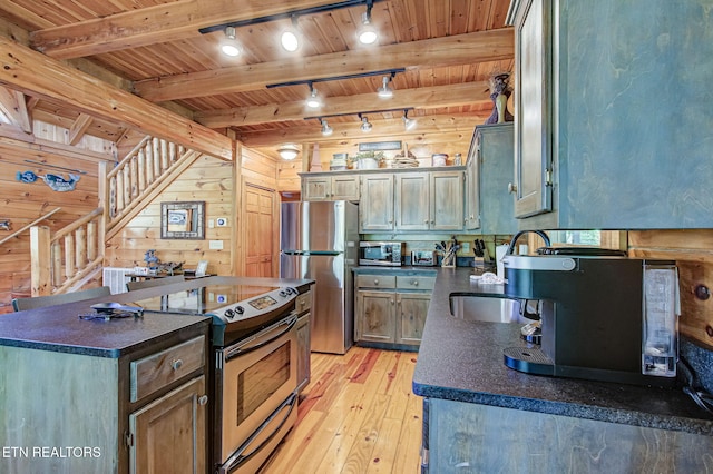 3012 Oak Tree Way, Pigeon Forge, TN 37863 - kitchen with appliances with stainless steel finishes, rail lighting, dark countertops, a wood ceiling with exposed beams, and wood walls