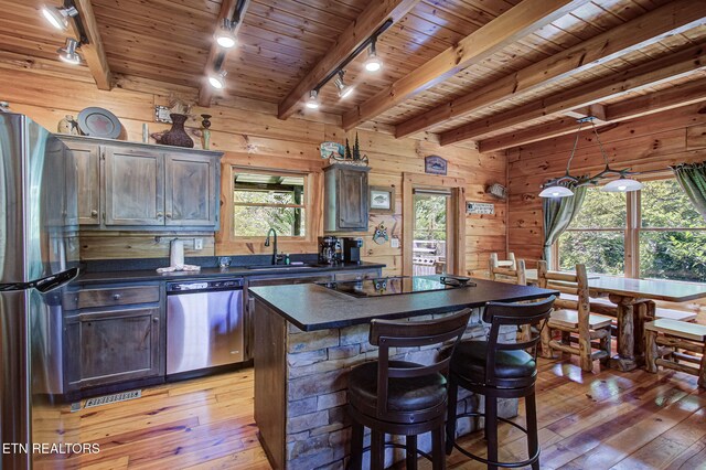 3012 Oak Tree Way, Pigeon Forge, TN 37863 - kitchen featuring stainless steel appliances, track lighting, dark countertops, light wood-style flooring, and wood walls