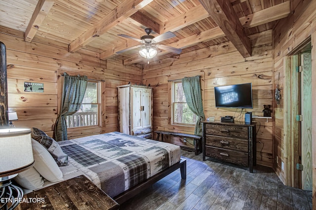 3012 Oak Tree Way, Pigeon Forge, TN 37863 - bedroom with a wood ceiling with exposed beams, wood walls, wood-type flooring, and ceiling fan