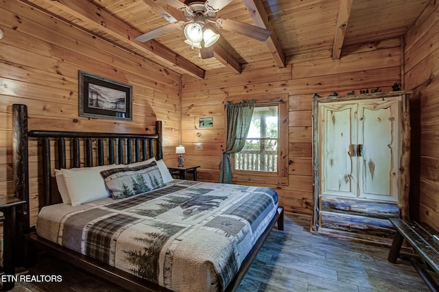 3012 Oak Tree Way, Pigeon Forge, TN 37863 - bedroom with wooden walls, a wood ceiling with exposed beams, wood finished floors, and ceiling fan