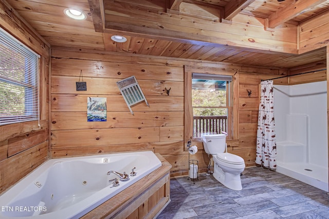 3012 Oak Tree Way, Pigeon Forge, TN 37863 - bathroom featuring wooden ceiling, a shower stall, wood walls, a tub with jets, and recessed lighting
