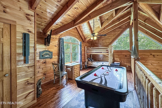 3012 Oak Tree Way, Pigeon Forge, TN 37863 - game room featuring wood walls, hardwood / wood-style floors, wooden ceiling, and a ceiling fan