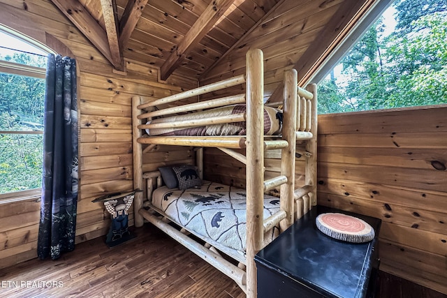 3012 Oak Tree Way, Pigeon Forge, TN 37863 - bedroom featuring dark wood-type flooring, wood ceiling, and log walls