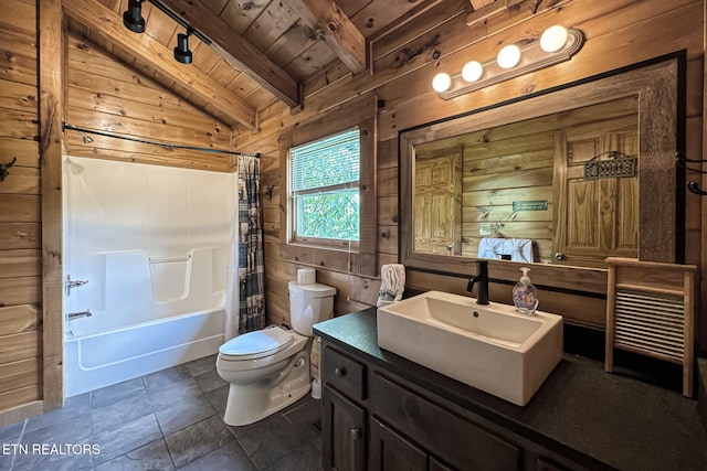 3012 Oak Tree Way, Pigeon Forge, TN 37863 - full bathroom with wooden ceiling, wooden walls, vanity, and shower / bath combination with curtain