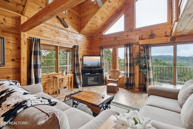 1818 Saddle Way, Sevierville, TN 37876 - living room featuring wooden walls, wood finished floors, wooden ceiling, and high vaulted ceiling