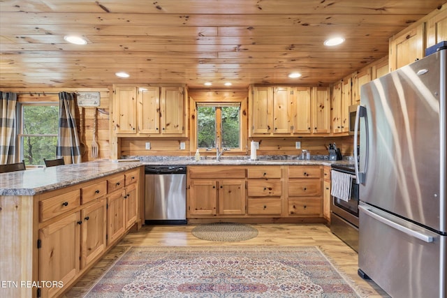 1818 Saddle Way, Sevierville, TN 37876 - kitchen featuring appliances with stainless steel finishes, wood ceiling, healthy amount of natural light, light wood finished floors, and recessed lighting