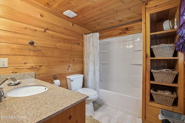 1818 Saddle Way, Sevierville, TN 37876 - full bathroom featuring vanity, wood ceiling, shower / bathtub combination with curtain, and wood walls