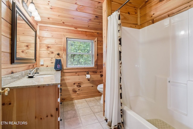 1818 Saddle Way, Sevierville, TN 37876 - full bath with vanity, wooden ceiling, wooden walls, shower / tub combo with curtain, and tile patterned floors