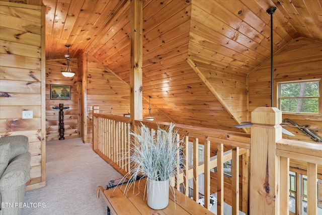 1818 Saddle Way, Sevierville, TN 37876 - hallway featuring vaulted ceiling, wooden walls, wood ceiling, and carpet