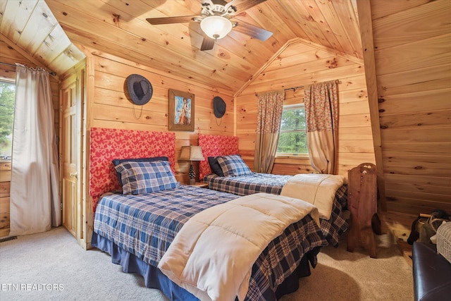 1818 Saddle Way, Sevierville, TN 37876 - carpeted bedroom with vaulted ceiling, wooden walls, a ceiling fan, and wood ceiling