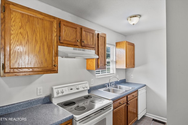 710 E Fir St, Lafollette, TN 37766 - kitchen featuring white appliances, under cabinet range hood, and brown cabinets
