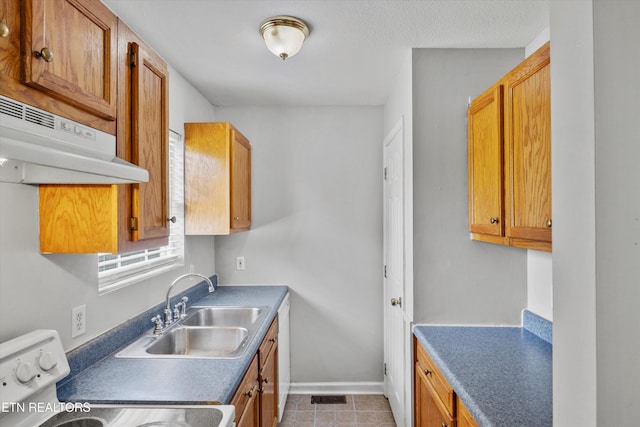 710 E Fir St, Lafollette, TN 37766 - kitchen featuring white electric range, ventilation hood, brown cabinets, and tile patterned floors