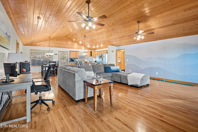 836 Sandra Way, Kodak, TN 37764 - living area with wood ceiling, ceiling fan, lofted ceiling, light wood-style floors, and plenty of natural light