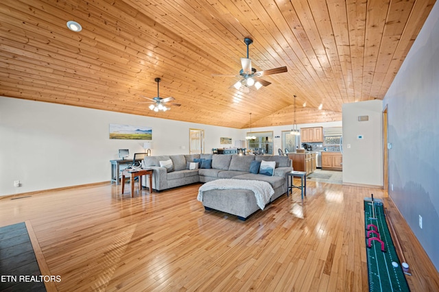 836 Sandra Way, Kodak, TN 37764 - living room featuring wood ceiling, vaulted ceiling, a ceiling fan, and light wood-type flooring