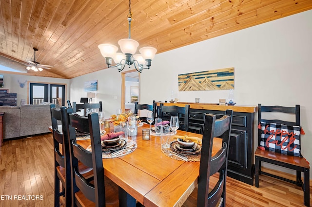 836 Sandra Way, Kodak, TN 37764 - dining room featuring wood ceiling, hardwood / wood-style floors, a chandelier, lofted ceiling, and a ceiling fan