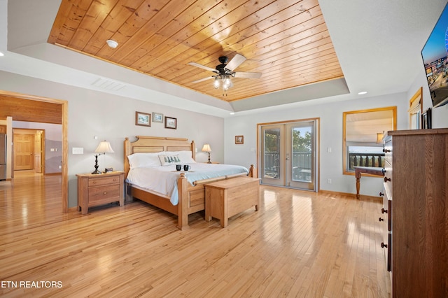 836 Sandra Way, Kodak, TN 37764 - bedroom featuring a tray ceiling, wooden ceiling, access to exterior, light wood finished floors, and french doors
