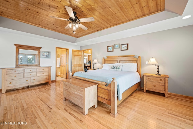 836 Sandra Way, Kodak, TN 37764 - bedroom featuring a tray ceiling, wooden ceiling, light wood-type flooring, recessed lighting, and a ceiling fan