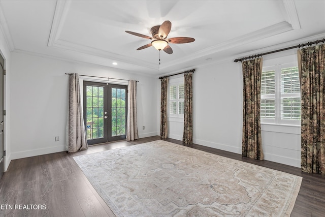 976 Lone Rd, Pioneer, TN 37847 - empty room featuring a raised ceiling, french doors, dark wood finished floors, ceiling fan, and crown molding