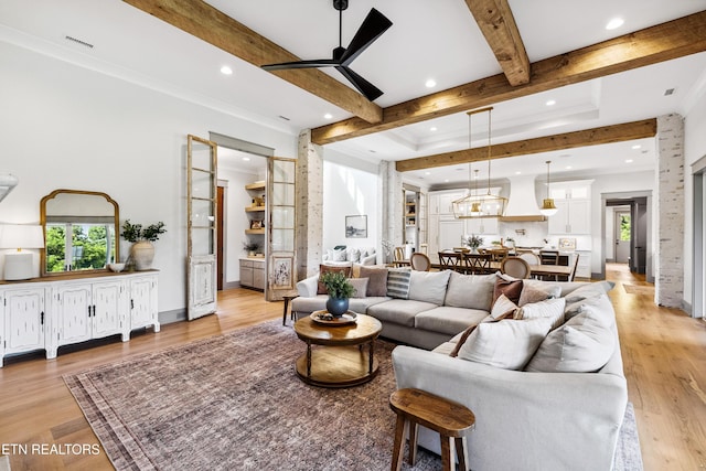 1014 High Springs Rd, Knoxville, TN 37932 - living room featuring beamed ceiling, light wood-style floors, recessed lighting, and a ceiling fan