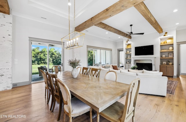 1014 High Springs Rd, Knoxville, TN 37932 - dining area featuring light wood-type flooring, beam ceiling, a ceiling fan, a fireplace, and built in shelves